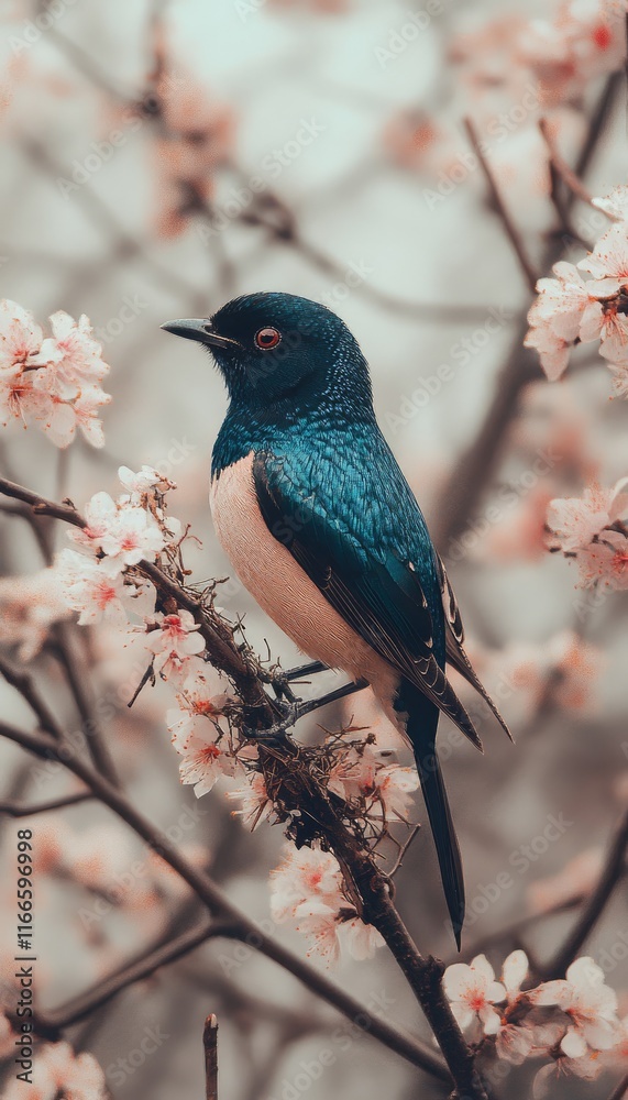 A colorful bird perched on a branch surrounded by delicate pink flowers. A colorful bird perched on a branch surrounded by delicate pink flowers.