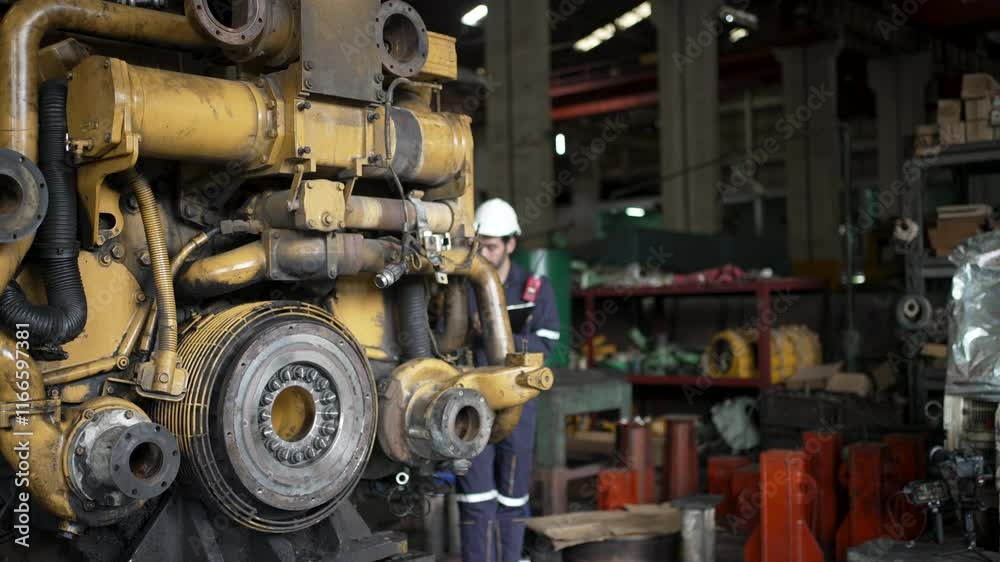 Technicians work at train engine repair shop. Machinery and engineering. Technicians work at train engine repair shop. Machinery and engineering.