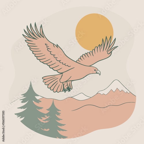 Vector silhouette of a soaring eagle flying above a lush forest landscape with tall pine trees and a distant mountain range,