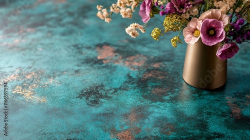Floral Still Life: Delicate Blooms in a Gold Vase on a Teal Background
