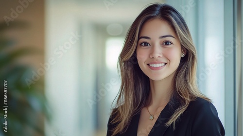 Young Professional Woman Smiling Confidently in Modern Office Setting
