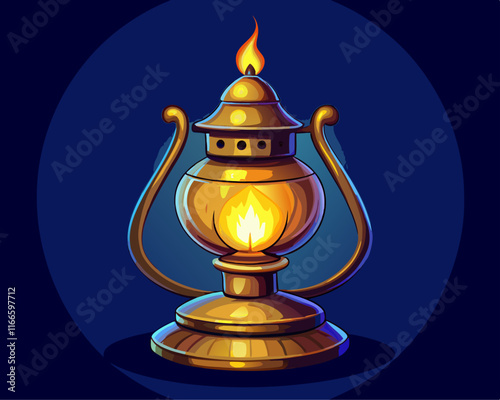 A classic oil lamp with a warm golden glow, sitting on a deep navy-blue backdrop