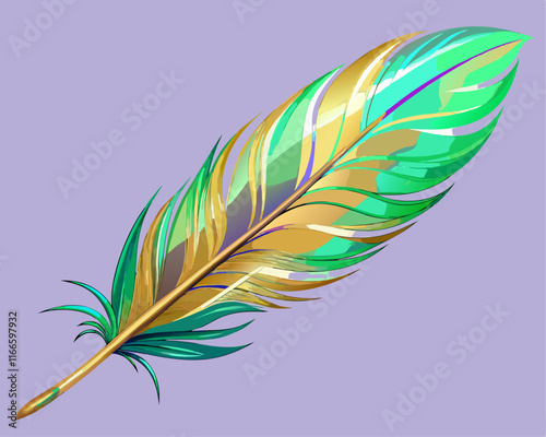 A single feather with iridescent hues of green and gold, displayed on a soft lavender backdrop