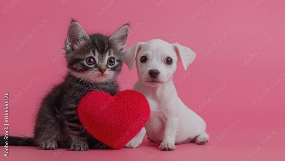 Cute kitten and puppy with a red heart on a colorful background Cute kitten and puppy with a red heart on a colorful background