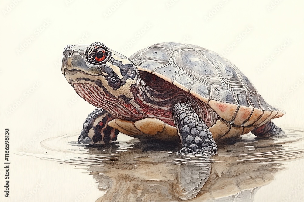 Obraz premium A realistic illustration of a turtle resting in shallow water.