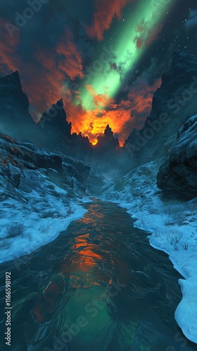A stunning landscape featuring a river reflecting the vibrant aurora borealis at sunset.