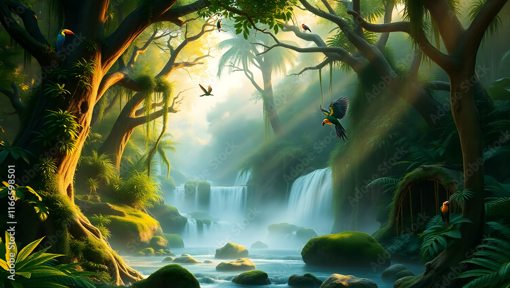 Fototapeta premium immersive tropical rainforest scene with towering trees, their gnarled trunks adorned with vibrant green epiphytes and cascading vines