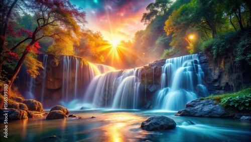 Glowing Waterfall Panoramic, Magical Cascade, Whimsical Nature, Fantasy Landscape, Powerful Energy,  Ethereal Light