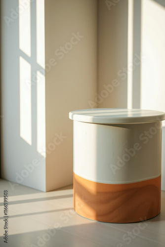 two-toned cylindrical pedestal a sunlit corner