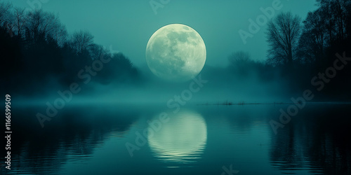 Misty lake, full moon reflection.