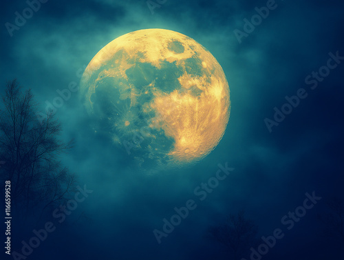 Large, golden moon; dark, misty trees.