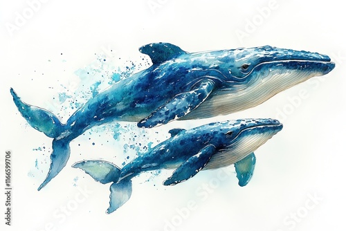 Two blue whales swimming gracefully in a watercolor style.