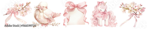 Watercolor pink coquette png cut out element set, transparent background photo