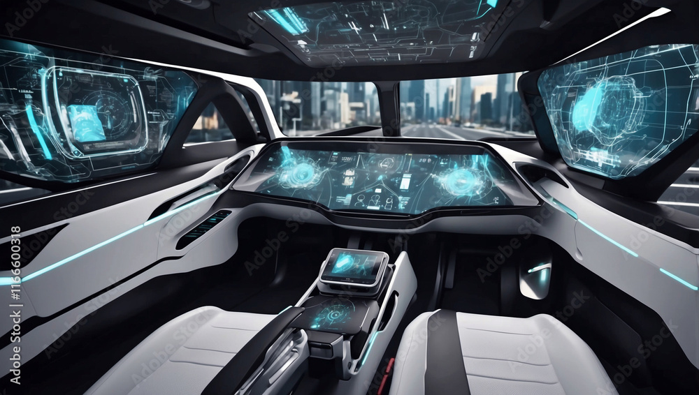 Futuristic Autonomous Vehicle Cockpit Showcasing Advanced Technology and Innovation Futuristic Autonomous Vehicle Cockpit Showcasing Advanced Technology and Innovation