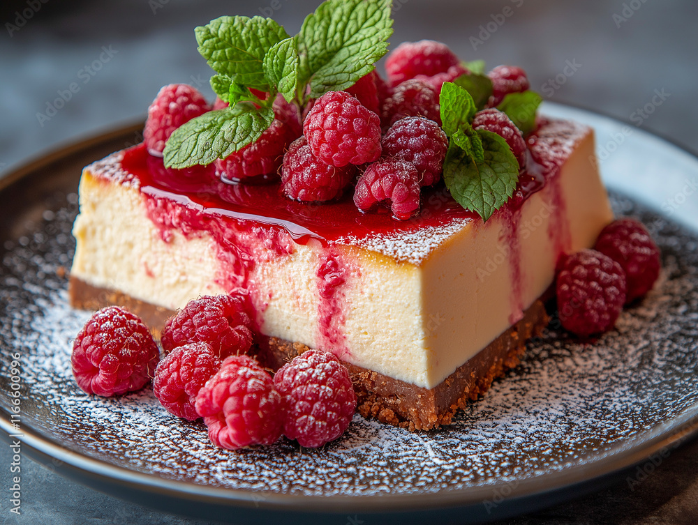 Raspberry cheesecake, sugared, garnished. Raspberry cheesecake, sugared, garnished.