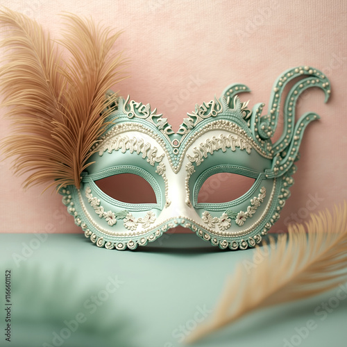 delicate pastel green mask with beige feathers photo