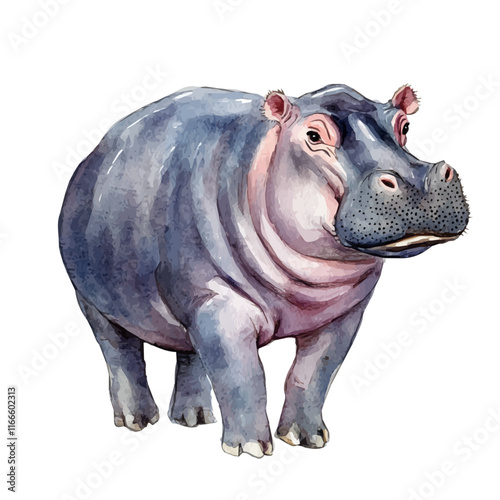 A watercolor vector painting of a hippopotamus, isolated on a white background. Hippopotamus vector.

