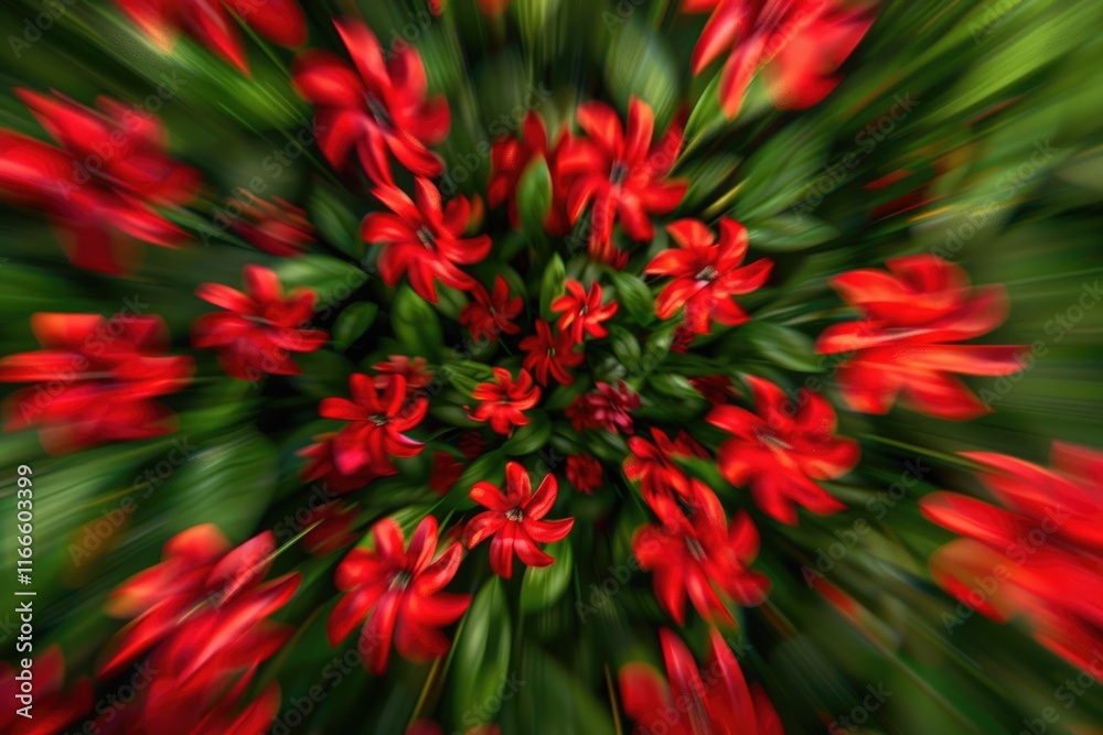 Whirling abstract pattern of red flowers with a blurred motion effect against a green background Whirling abstract pattern of red flowers with a blurred motion effect against a green background