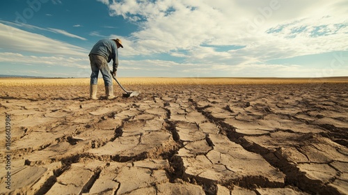 A lone farmer with a shovel on cracked, dry farmland under a partly cloudy sky.