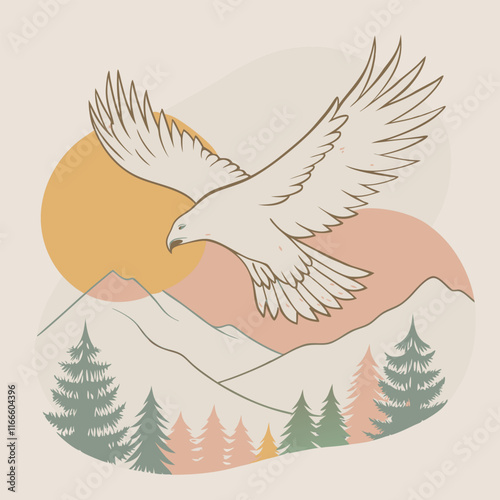 Vector silhouette of a soaring eagle flying above a lush forest landscape with tall pine trees and a distant mountain range,