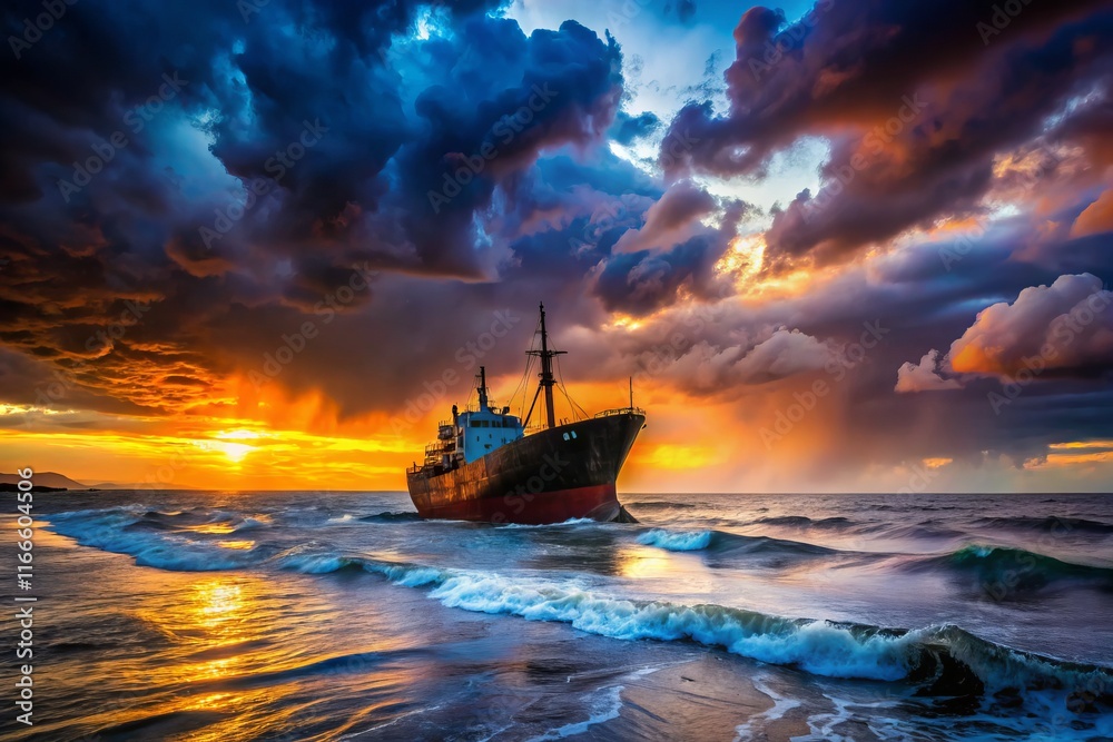 Naklejka premium Shipwreck Silhouette, Black Sea Storm, Gelendzhik, Russia, January 19, 2019