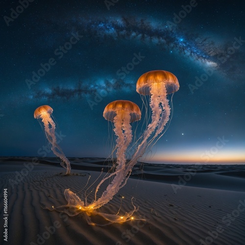 Jellyfish with bioluminescent lights drifting over a vast sea of sand dunes, creating a dreamlike atmosphere under a starry night.