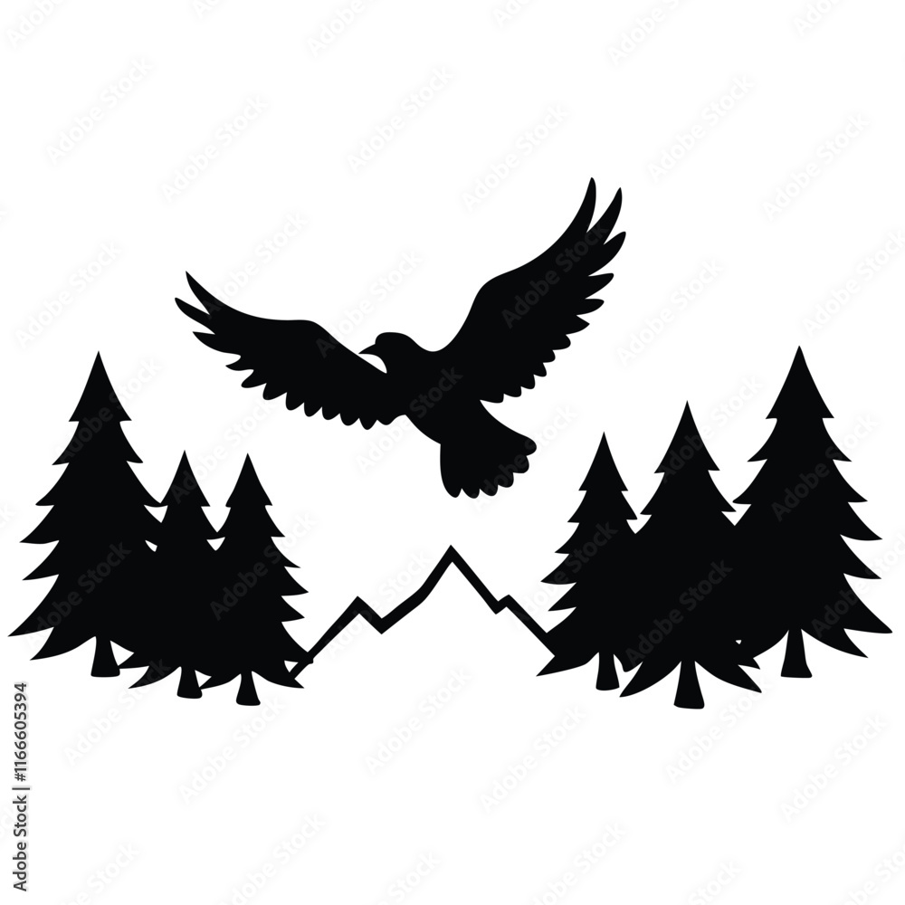 Fototapeta premium Vector silhouette of a soaring eagle flying above a lush forest landscape with tall pine trees and a distant mountain range,