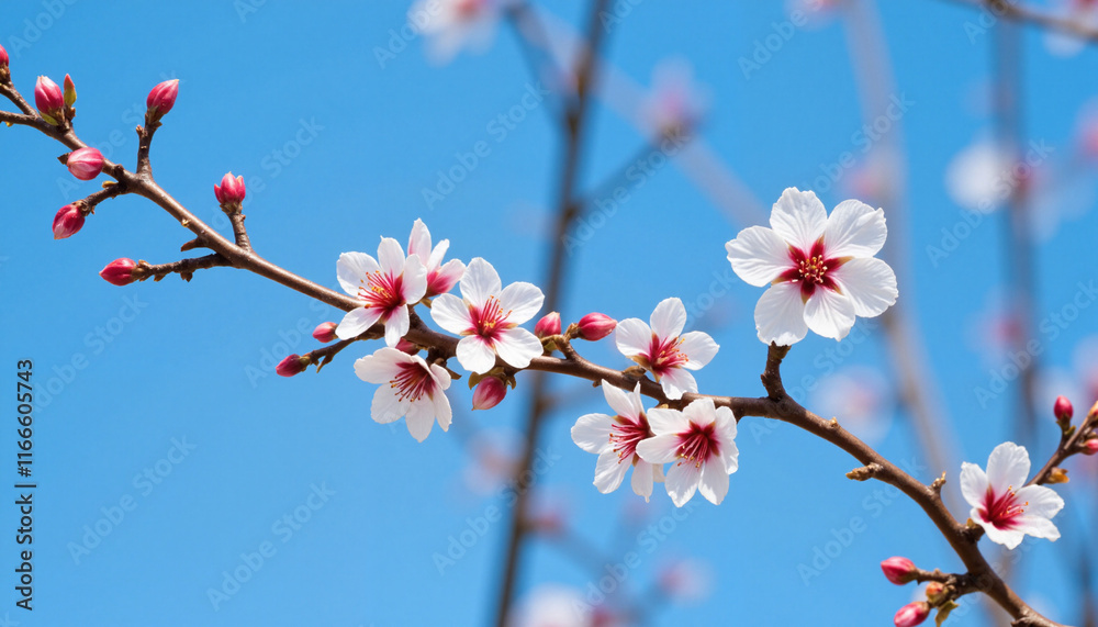 Cherry blossom branch with flowers against blue sky Cherry blossom branch with flowers against blue sky