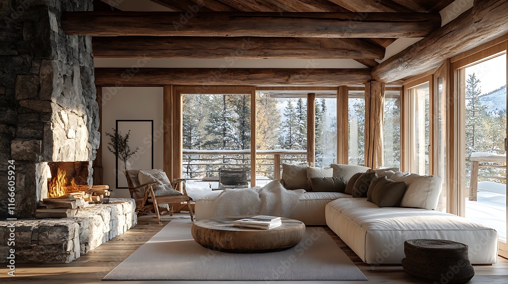 Fototapeta premium Cozy winter living room mountain retreat interior design modern warmth