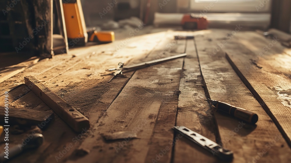 Tools and Wooden Planks in Sunlit Home Renovation Scene Tools and Wooden Planks in Sunlit Home Renovation Scene