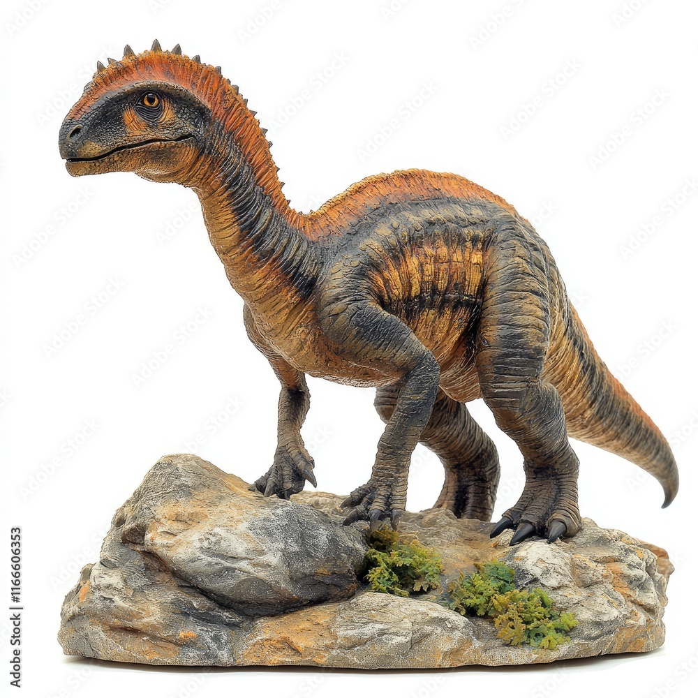Fototapeta premium A detailed dinosaur figurine standing on a rock, showcasing its vibrant colors and textures.