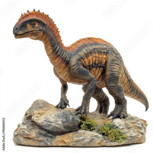 Fototapeta Naklejka Na Ścianę i Meble -  A detailed dinosaur figurine standing on a rock, showcasing its vibrant colors and textures.