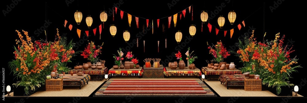 Obraz premium A festive decor setup featuring vibrant flowers, cushions, and lanterns for a cultural celebration.