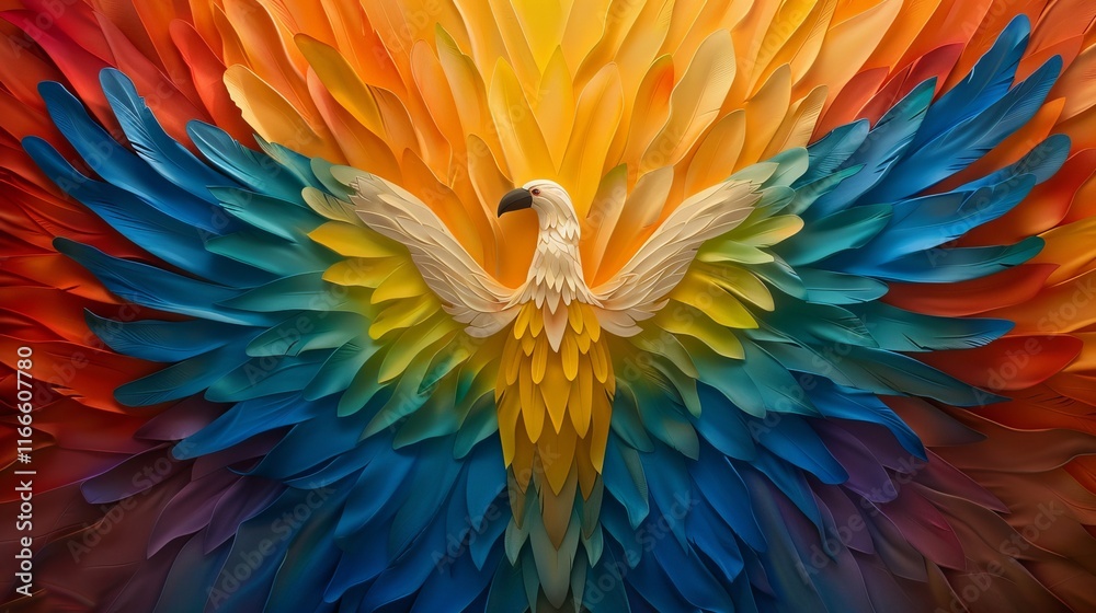 Obraz premium A stunning paper art representation of a colorful bird with vibrant wings, showcasing a gradient of hues from warm orange to cool blue.