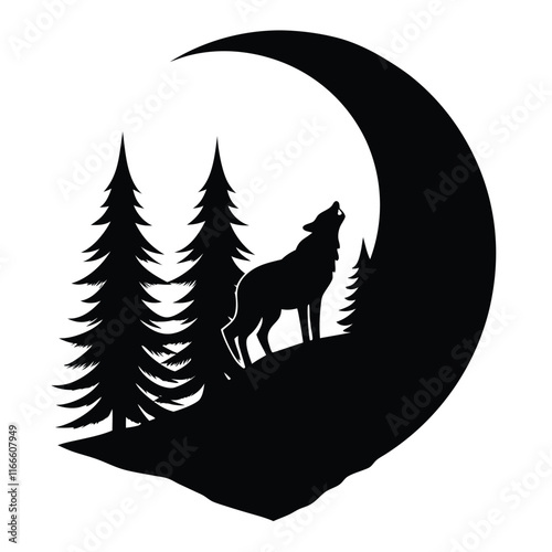 wolf standing on a rocky cliff under a crescent moon,