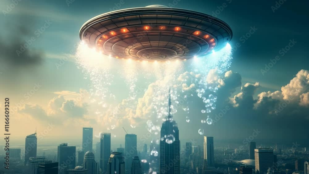 A large futuristic UFO hovers over a modern city skyline at sunset. The spacecraft glows with blue lights, creating a dramatic sci-fi atmosphere against the urban backdrop. A large futuristic UFO hovers over a modern city skyline at sunset. The spacecraft glows with blue lights, creating a dramatic sci-fi atmosphere against the urban backdrop.