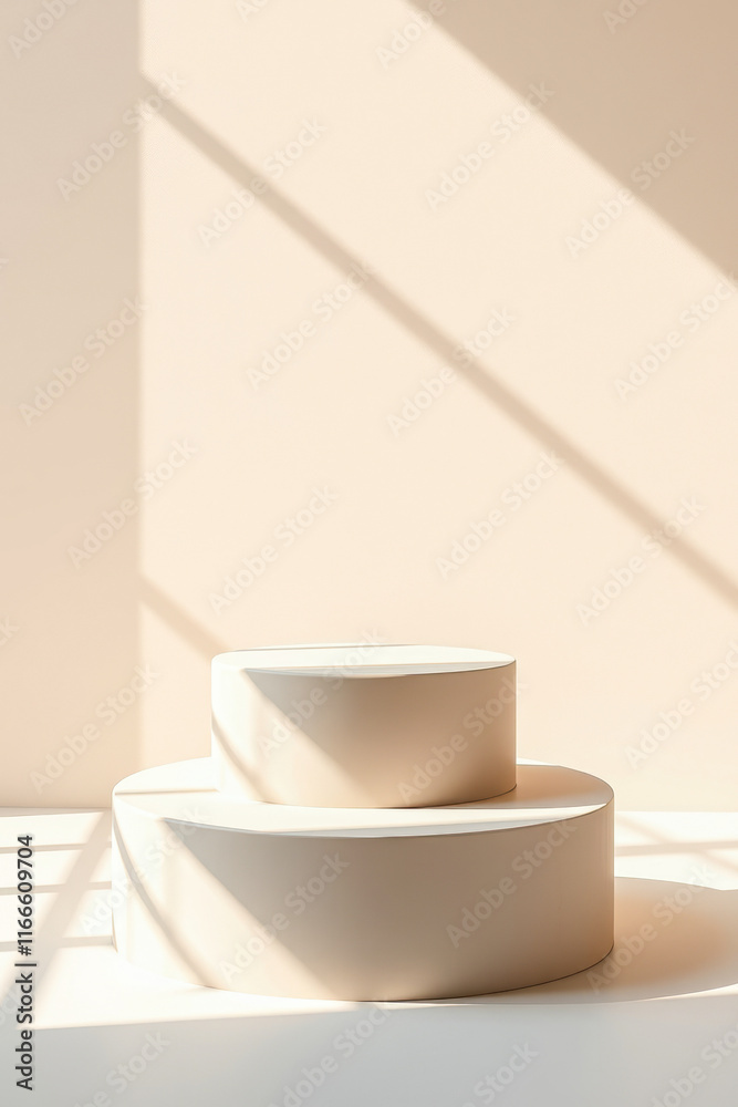 two-tiered cylindrical display platforms soft sunlight