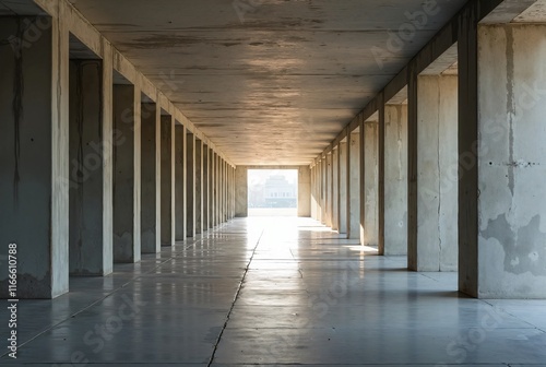  a long, open corridor with a concrete floor and ceiling
