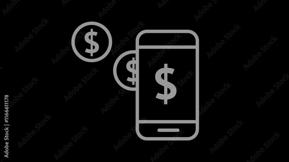 Money mobile concept. 2d animation video of mobile banking icon in trendy outline style. 4k size without background Money mobile concept. 2d animation video of mobile banking icon in trendy outline style. 4k size without background