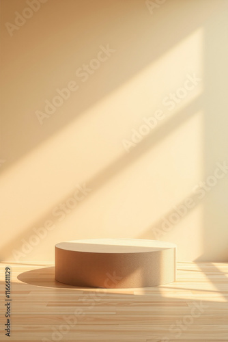 round beige pedestal on a light wood floor a sunlit room