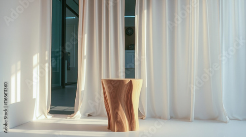 sculptural wooden stool sunlit room