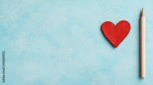 A vibrant blue background features a red heart shape alongside a wooden pencil, evoking creativity and love.