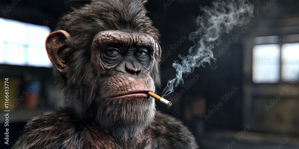 Obraz premium monkey smoking a cigarette standing in a dark garage