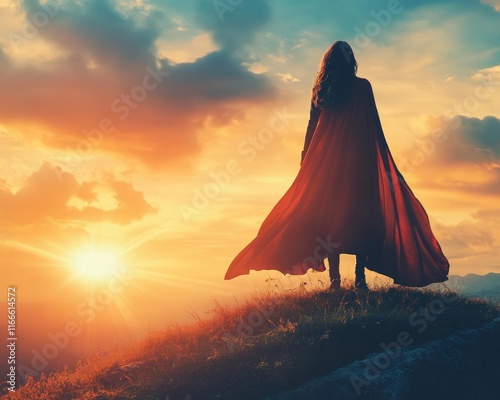 A silhouette of a figure in a flowing red cape stands on a hill against a vibrant sunset, evoking a sense of adventure and empowerment.