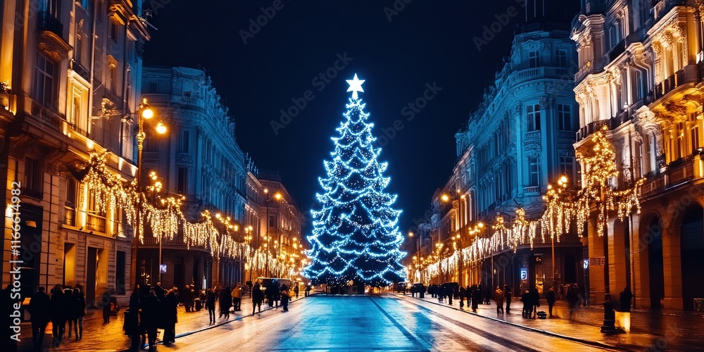 giant Christmas tree in the middle of the city, new york city, road, many people giant Christmas tree in the middle of the city, new york city, road, many people