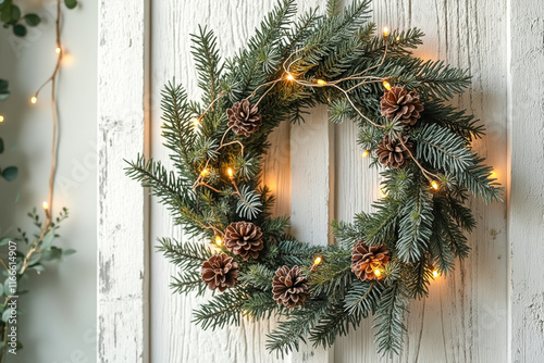 illuminated evergreen wreath with pinecones