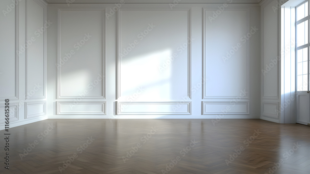 Fototapeta premium spacious room with smooth white walls and wooden floor, featuring faint geometric patterns. natural light creates serene atmosphere, perfect for various uses