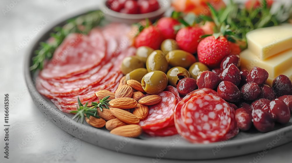 Keto grazing platter with cured meats, cheese, olives, and almonds