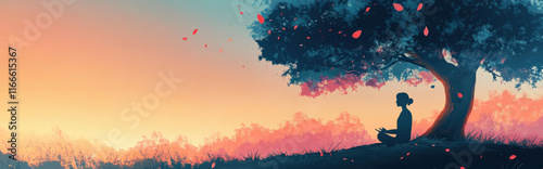 A minimal flat-style illustration of a person meditating outdoors, sitting under a tree with a serene expression, surrounded by soft, gradient colors and abstract nature elements, digital vector art