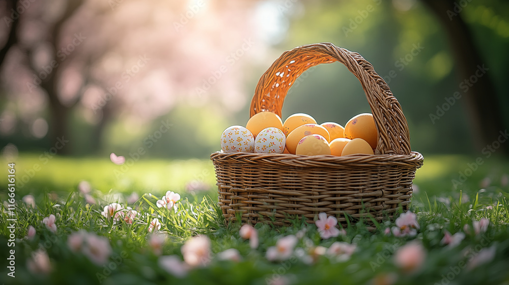 Easter basket resting on spring grass surrounded by cherry blossoms Easter basket resting on spring grass surrounded by cherry blossoms